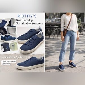 Rothy’s Knit Lace Up Sneakers Navy Blue Casual Sustainable Women 9.5 / Men 8